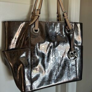 Metallic Gunmetal/Silver Monogram Michael Kors Tote
